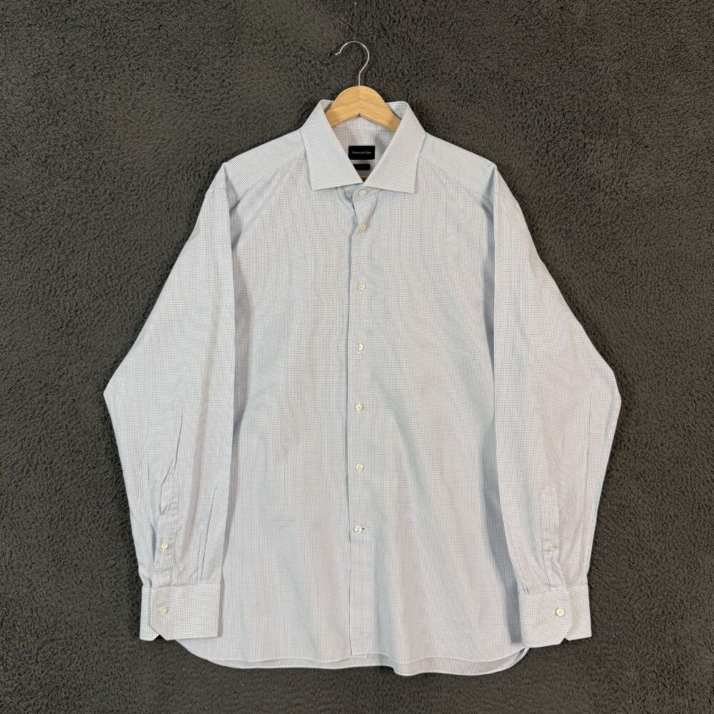 Ermenegildo Zegna Shirt Mens 18 Blue Micro Check Spread Collar Formal